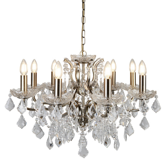 Searchlight 8738-8AB Paris 8Lt Chandelier, Clear Crystal Drops & Trim, Antique Brass - 31600