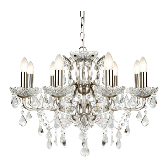 Searchlight 8738-8SS Paris 8Lt Chandelier, Clear Crystal Drops & Trim, Satin Silver - 31601