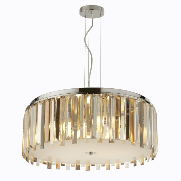 Searchlight 9835-5CC Clarissa 5Lt Drum Pendant , Chrome, Clear/Amber/Smokey Crystal Prism Drops - 31706