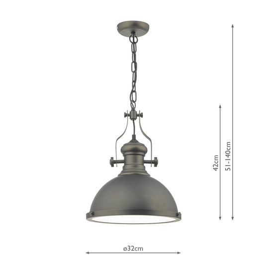 Dar Lighting ARO0167 Arona 1lt Pendant Antique Pewter & Glass - 34893