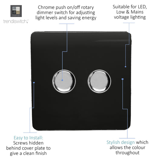 Trendi Switch ART-2LDMBK, Artistic Modern 2 Gang 2 Way LED Dimmer Switch 5-150W LED / 120W Tungsten Per Dimmer, Gloss Black Finish, (35mm Back Box Required) 5yrs Wrnty - 42307