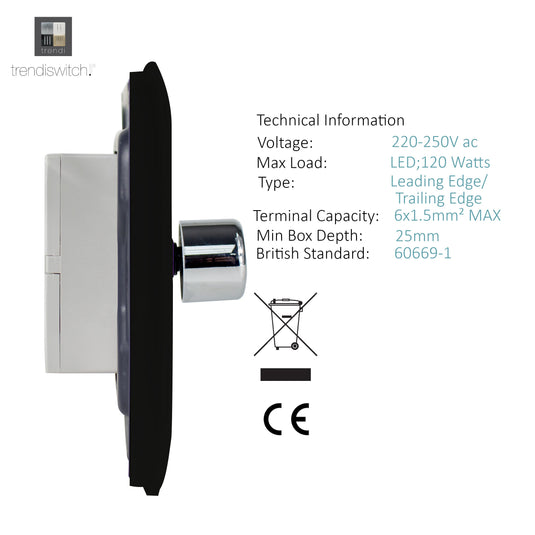 Trendi Switch ART-2LDMBK, Artistic Modern 2 Gang 2 Way LED Dimmer Switch 5-150W LED / 120W Tungsten Per Dimmer, Gloss Black Finish, (35mm Back Box Required) 5yrs Wrnty - 42307