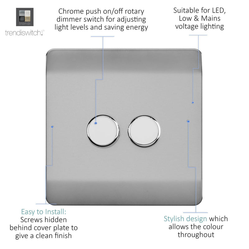 Load image into Gallery viewer, Trendi Switch ART-2LDMBS, Artistic Modern 2 Gang 2 Way LED Dimmer Switch 5-150W LED / 120W Tungsten Per Dimmer, Brushed Steel Finish (35mm Back Box Required) 5yrs Wrnty - 53591
