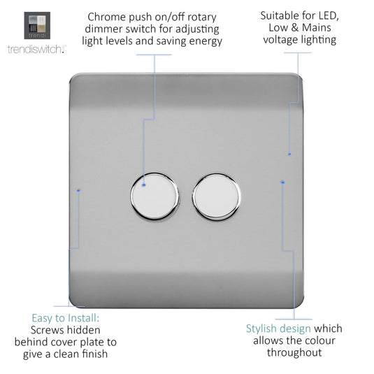 Trendi Switch ART-2LDMBS, Artistic Modern 2 Gang 2 Way LED Dimmer Switch 5-150W LED / 120W Tungsten Per Dimmer, Brushed Steel Finish (35mm Back Box Required) 5yrs Wrnty - 53591