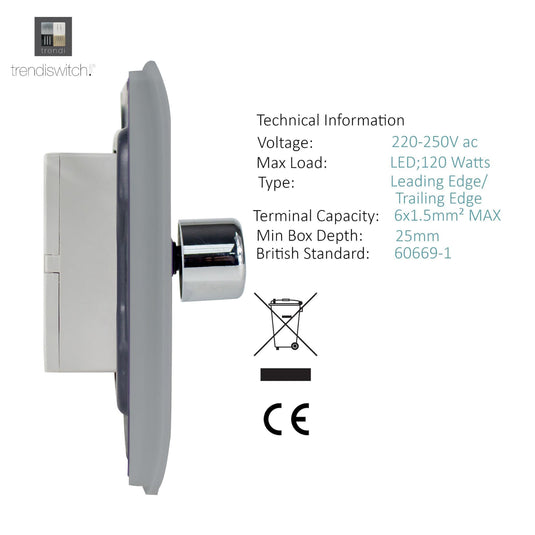 Trendi Switch ART-2LDMBS, Artistic Modern 2 Gang 2 Way LED Dimmer Switch 5-150W LED / 120W Tungsten Per Dimmer, Brushed Steel Finish (35mm Back Box Required) 5yrs Wrnty - 53591