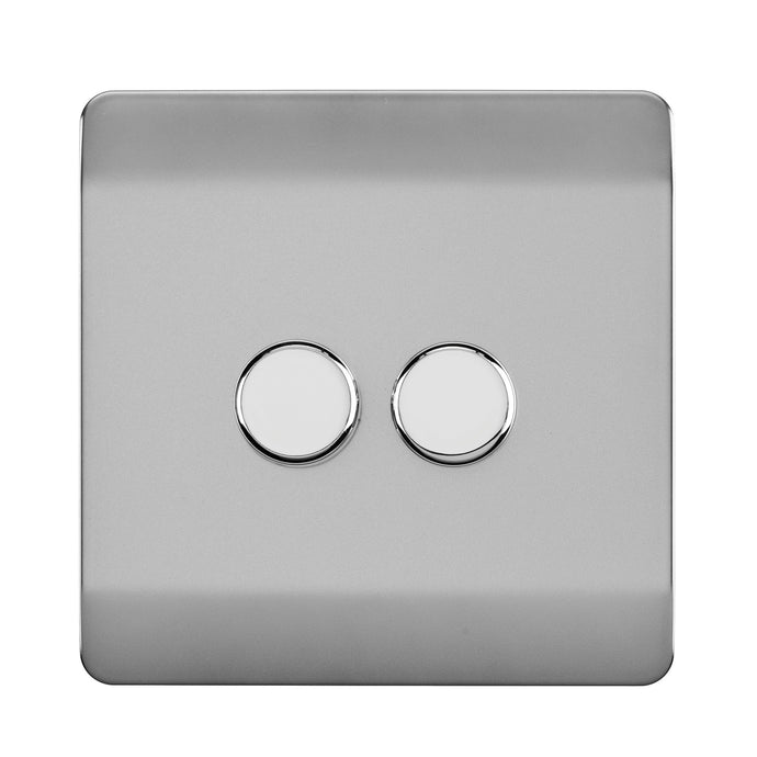 Trendi Switch ART-2LDMBS, Artistic Modern 2 Gang 2 Way LED Dimmer Switch 5-150W LED / 120W Tungsten Per Dimmer, Brushed Steel Finish (35mm Back Box Required) 5yrs Wrnty - 53591