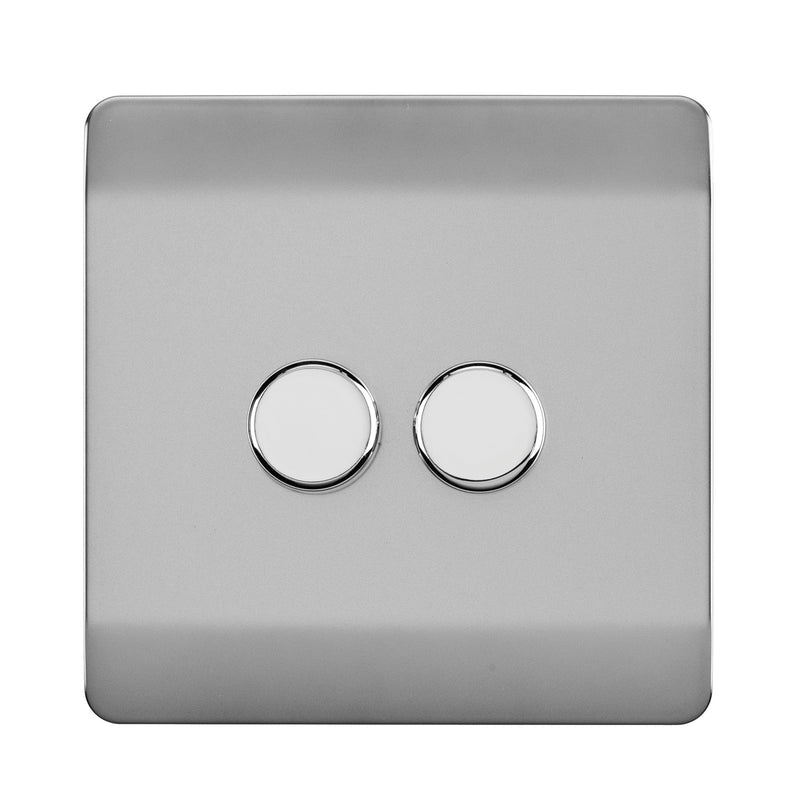 Load image into Gallery viewer, Trendi Switch ART-2LDMBS, Artistic Modern 2 Gang 2 Way LED Dimmer Switch 5-150W LED / 120W Tungsten Per Dimmer, Brushed Steel Finish (35mm Back Box Required) 5yrs Wrnty - 53591
