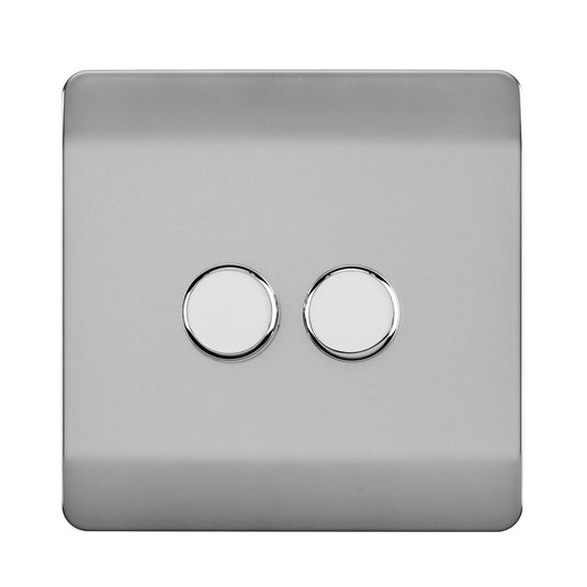 Trendi Switch ART-2LDMBS, Artistic Modern 2 Gang 2 Way LED Dimmer Switch 5-150W LED / 120W Tungsten Per Dimmer, Brushed Steel Finish (35mm Back Box Required) 5yrs Wrnty - 53591