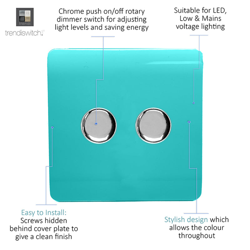 Load image into Gallery viewer, Trendi Switch ART-2LDMBT, Artistic Modern 2 Gang 2 Way LED Dimmer Switch 5-150W LED / 120W Tungsten Per Dimmer, Bright Teal Finish, (35mm Back Box Required) 5yrs Wrnty - 53592
