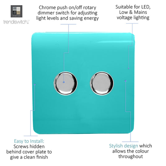 Trendi Switch ART-2LDMBT, Artistic Modern 2 Gang 2 Way LED Dimmer Switch 5-150W LED / 120W Tungsten Per Dimmer, Bright Teal Finish, (35mm Back Box Required) 5yrs Wrnty - 53592