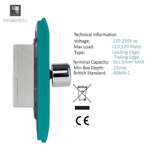 Trendi Switch ART-2LDMBT, Artistic Modern 2 Gang 2 Way LED Dimmer Switch 5-150W LED / 120W Tungsten Per Dimmer, Bright Teal Finish, (35mm Back Box Required) 5yrs Wrnty - 53592