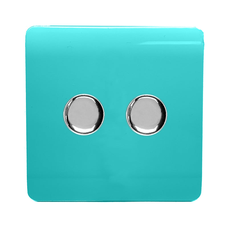 Load image into Gallery viewer, Trendi Switch ART-2LDMBT, Artistic Modern 2 Gang 2 Way LED Dimmer Switch 5-150W LED / 120W Tungsten Per Dimmer, Bright Teal Finish, (35mm Back Box Required) 5yrs Wrnty - 53592
