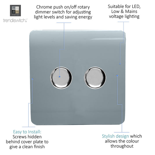 Trendi Switch ART-2LDMCG, Artistic Modern 2 Gang 2 Way LED Dimmer Switch 5-150W LED / 120W Tungsten Per Dimmer, Cool Grey Finish, (35mm Back Box Required) 5yrs Warranty - 53593