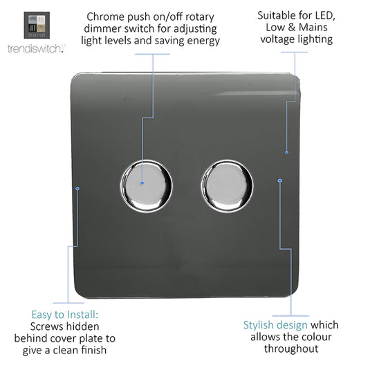 Trendi Switch ART-2LDMCH, Artistic Modern 2 Gang 2 Way LED Dimmer Switch 5-150W LED / 120W Tungsten Per Dimmer, Charcoal Finish, (35mm Back Box Required), 5yrs Warranty - 53594