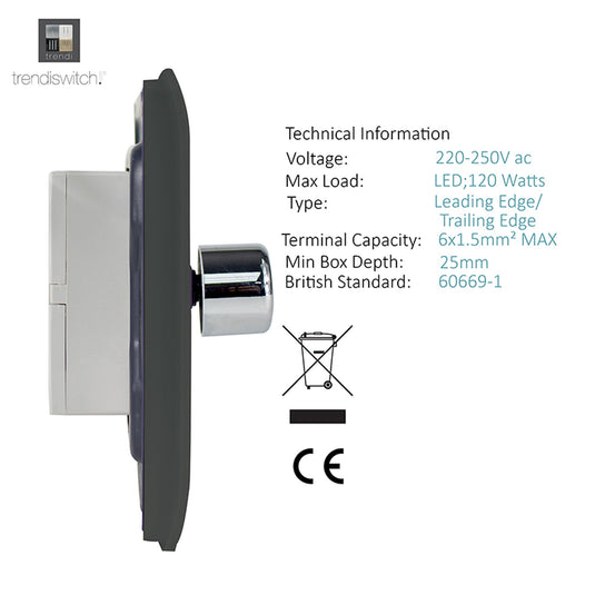 Trendi Switch ART-2LDMCH, Artistic Modern 2 Gang 2 Way LED Dimmer Switch 5-150W LED / 120W Tungsten Per Dimmer, Charcoal Finish, (35mm Back Box Required), 5yrs Warranty - 53594