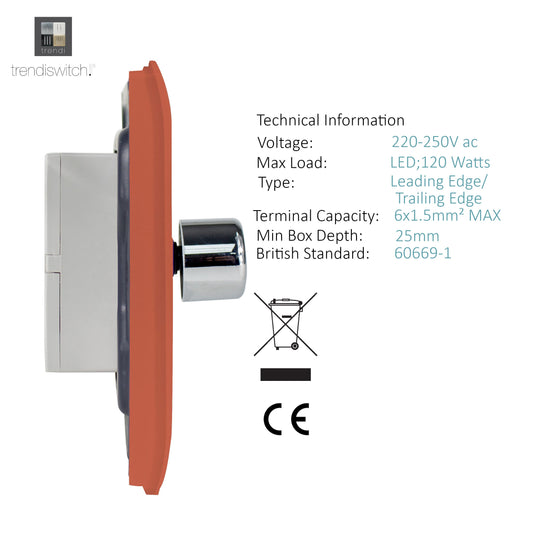 Trendi Switch ART-2LDMCPR, Artistic Modern 2 Gang 2 Way LED Dimmer Switch 5-150W LED / 120W Tungsten Per Dimmer, Copper Finish, (35mm Back Box Required), 5yrs Warranty - 53595