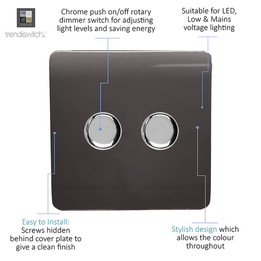 Trendi Switch ART-2LDMDB, Artistic Modern 2 Gang 2 Way LED Dimmer Switch 5-150W LED / 120W Tungsten Per Dimmer, Dark Brown Finish, (35mm Back Box Required) 5yrs Wrnty - 53596