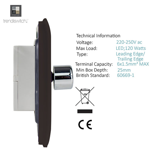 Trendi Switch ART-2LDMDB, Artistic Modern 2 Gang 2 Way LED Dimmer Switch 5-150W LED / 120W Tungsten Per Dimmer, Dark Brown Finish, (35mm Back Box Required) 5yrs Wrnty - 53596