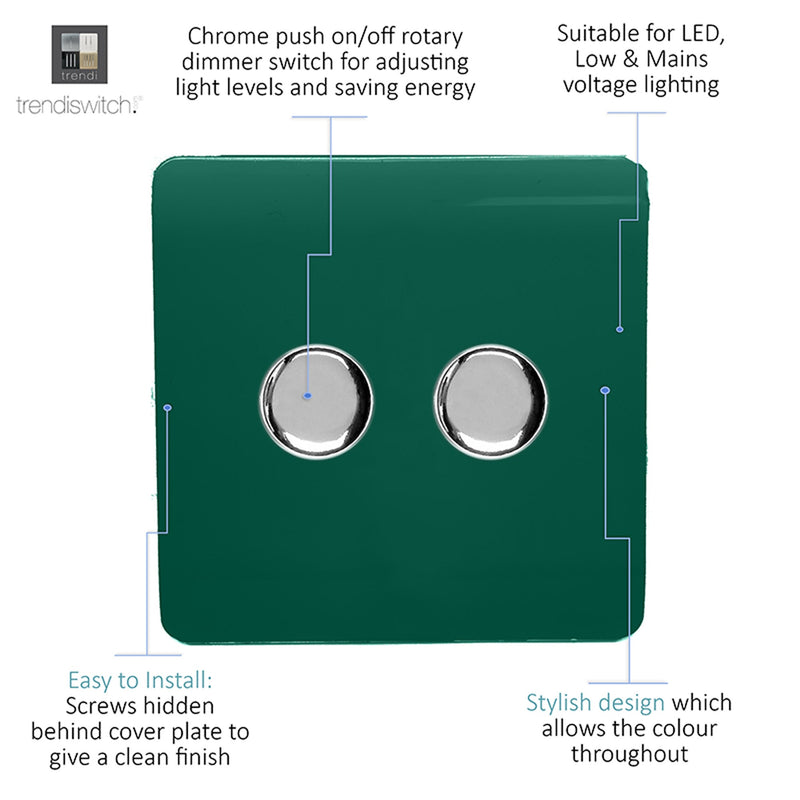 Load image into Gallery viewer, Trendi Switch ART-2LDMDG, Artistic Modern 2 Gang 2 Way LED Dimmer Switch 5-150W LED / 120W Tungsten Per Dimmer, Dark Green Finish, (35mm Back Box Required) 5yrs Wrnty - 53597
