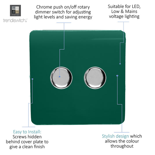 Trendi Switch ART-2LDMDG, Artistic Modern 2 Gang 2 Way LED Dimmer Switch 5-150W LED / 120W Tungsten Per Dimmer, Dark Green Finish, (35mm Back Box Required) 5yrs Wrnty - 53597