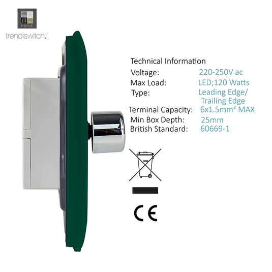 Trendi Switch ART-2LDMDG, Artistic Modern 2 Gang 2 Way LED Dimmer Switch 5-150W LED / 120W Tungsten Per Dimmer, Dark Green Finish, (35mm Back Box Required) 5yrs Wrnty - 53597