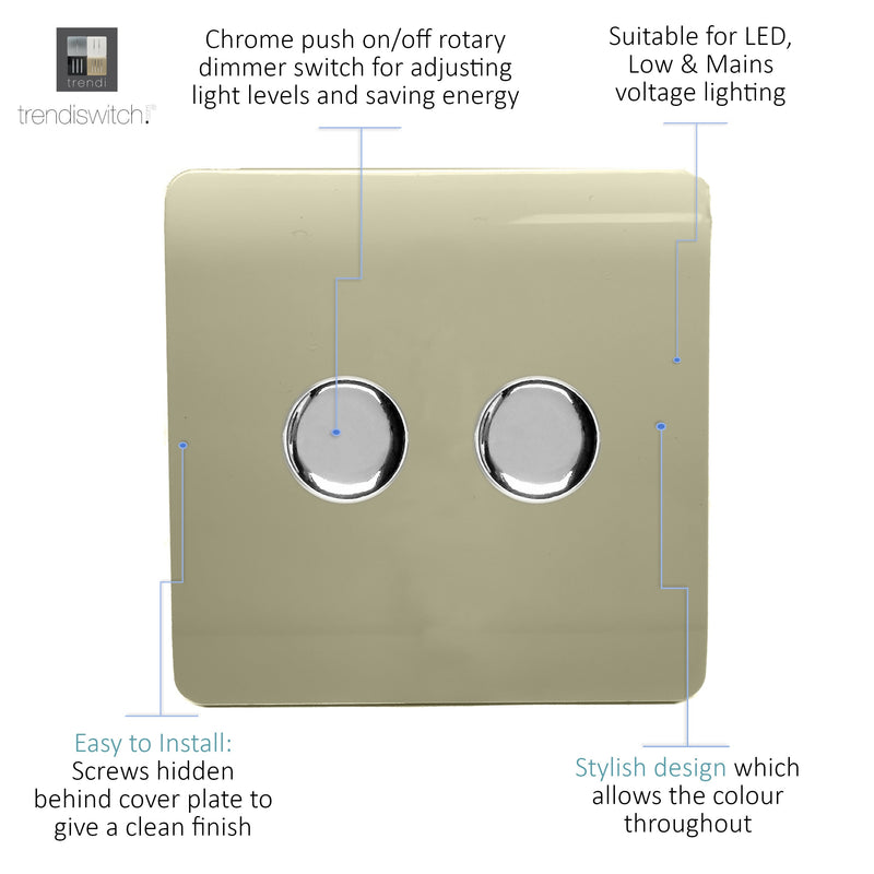 Load image into Gallery viewer, Trendi Switch ART-2LDMGO, Artistic Modern 2 Gang 2 Way LED Dimmer Switch 5-150W LED / 120W Tungsten Per Dimmer, Gold/Chrome Finish, (35mm Back Box Required) 5yrs Wrnty - 42304
