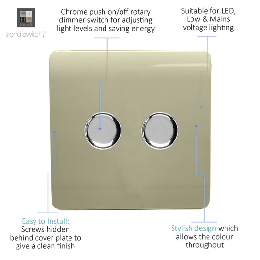 Trendi Switch ART-2LDMGO, Artistic Modern 2 Gang 2 Way LED Dimmer Switch 5-150W LED / 120W Tungsten Per Dimmer, Gold/Chrome Finish, (35mm Back Box Required) 5yrs Wrnty - 42304