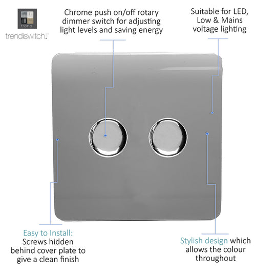 Trendi Switch ART-2LDMLG, Artistic Modern 2 Gang 2 Way LED Dimmer Switch 5-150W LED / 120W Tungsten Per Dimmer, Light Grey Finish, (35mm Back Box Required) 5yrs Wrnty - 53598