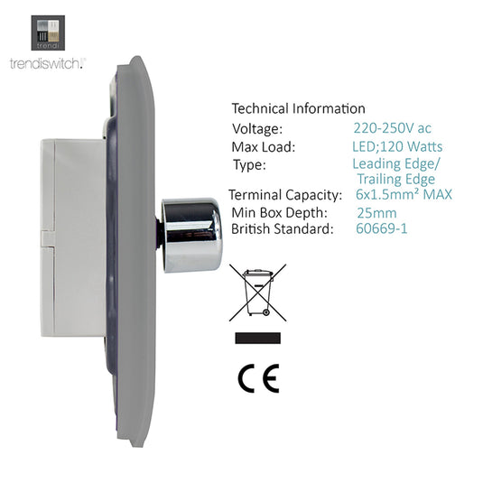 Trendi Switch ART-2LDMLG, Artistic Modern 2 Gang 2 Way LED Dimmer Switch 5-150W LED / 120W Tungsten Per Dimmer, Light Grey Finish, (35mm Back Box Required) 5yrs Wrnty - 53598