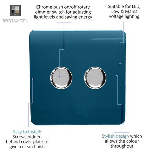 Trendi Switch ART-2LDMMD, Artistic Modern 2 Gang 2 Way LED Dimmer Switch 5-150W LED / 120W Tungsten Per Dimmer, Midnight Blue Finish (35mm Back Box Required) 5yrs Wrnty - 53599