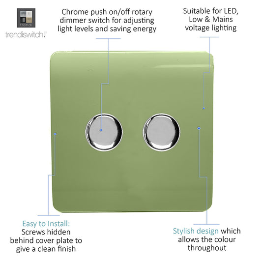 Trendi Switch ART-2LDMMG, Artistic Modern 2 Gang 2 Way LED Dimmer Switch 5-150W LED / 120W Tungsten Per Dimmer, Moss Green Finish, (35mm Back Box Required) 5yrs Wrnty - 53600