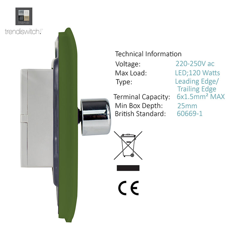 Load image into Gallery viewer, Trendi Switch ART-2LDMMG, Artistic Modern 2 Gang 2 Way LED Dimmer Switch 5-150W LED / 120W Tungsten Per Dimmer, Moss Green Finish, (35mm Back Box Required) 5yrs Wrnty - 53600
