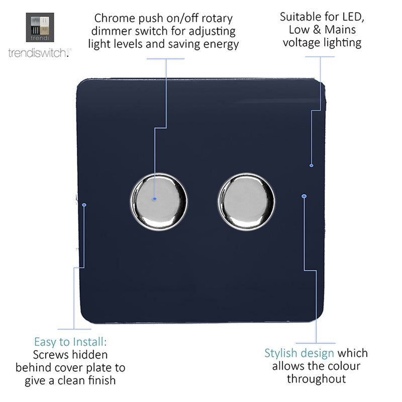 Load image into Gallery viewer, Trendi Switch ART-2LDMNV, Artistic Modern 2 Gang 2 Way LED Dimmer Switch 5-150W LED / 120W Tungsten Per Dimmer, Navy Finish, (35mm Back Box Required), 5yrs Warranty - 53601
