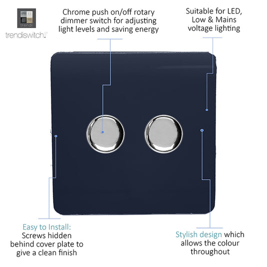 Trendi Switch ART-2LDMNV, Artistic Modern 2 Gang 2 Way LED Dimmer Switch 5-150W LED / 120W Tungsten Per Dimmer, Navy Finish, (35mm Back Box Required), 5yrs Warranty - 53601