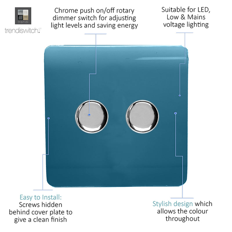 Load image into Gallery viewer, Trendi Switch ART-2LDMOB, Artistic Modern 2 Gang 2 Way LED Dimmer Switch 5-150W LED / 120W Tungsten Per Dimmer, Ocean Blue Finish, (35mm Back Box Required) 5yrs Wrnty - 53602
