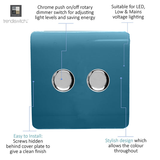 Trendi Switch ART-2LDMOB, Artistic Modern 2 Gang 2 Way LED Dimmer Switch 5-150W LED / 120W Tungsten Per Dimmer, Ocean Blue Finish, (35mm Back Box Required) 5yrs Wrnty - 53602