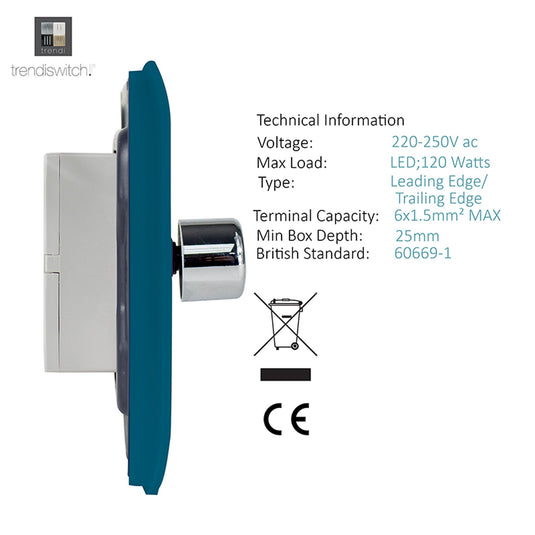 Trendi Switch ART-2LDMOB, Artistic Modern 2 Gang 2 Way LED Dimmer Switch 5-150W LED / 120W Tungsten Per Dimmer, Ocean Blue Finish, (35mm Back Box Required) 5yrs Wrnty - 53602