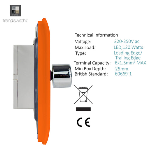 Trendi Switch ART-2LDMOR, Artistic Modern 2 Gang 2 Way LED Dimmer Switch 5-150W LED / 120W Tungsten Per Dimmer, Orange Finish, (35mm Back Box Required), 5yrs Warranty - 53603