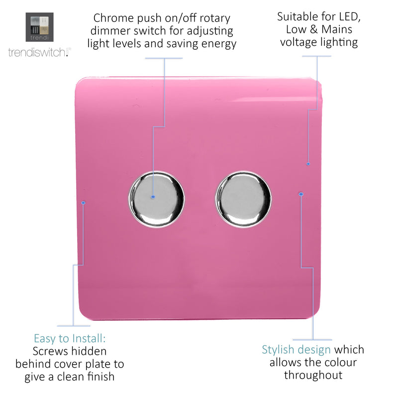 Load image into Gallery viewer, Trendi Switch ART-2LDMPK, Artistic Modern 2 Gang 2 Way LED Dimmer Switch 5-150W LED / 120W Tungsten Per Dimmer, Pink Finish, (35mm Back Box Required), 5yrs Warranty - 53604
