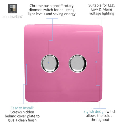 Trendi Switch ART-2LDMPK, Artistic Modern 2 Gang 2 Way LED Dimmer Switch 5-150W LED / 120W Tungsten Per Dimmer, Pink Finish, (35mm Back Box Required), 5yrs Warranty - 53604