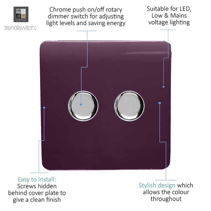 Load image into Gallery viewer, Trendi Switch ART-2LDMPL, Artistic Modern 2 Gang 2 Way LED Dimmer Switch 5-150W LED / 120W Tungsten Per Dimmer, Plum Finish, (35mm Back Box Required), 5yrs Warranty - 53605
