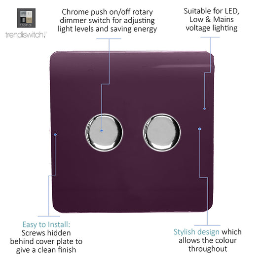 Trendi Switch ART-2LDMPL, Artistic Modern 2 Gang 2 Way LED Dimmer Switch 5-150W LED / 120W Tungsten Per Dimmer, Plum Finish, (35mm Back Box Required), 5yrs Warranty - 53605