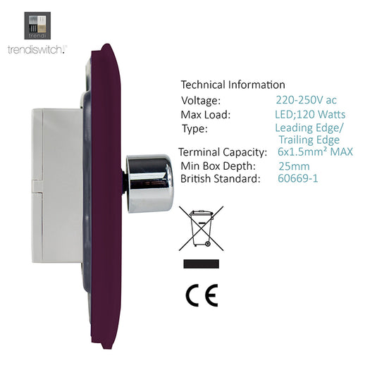 Trendi Switch ART-2LDMPL, Artistic Modern 2 Gang 2 Way LED Dimmer Switch 5-150W LED / 120W Tungsten Per Dimmer, Plum Finish, (35mm Back Box Required), 5yrs Warranty - 53605