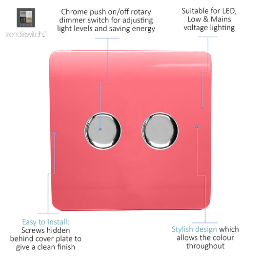 Trendi Switch ART-2LDMSB, Artistic Modern 2 Gang 2 Way LED Dimmer Switch 5-150W LED / 120W Tungsten Per Dimmer, Strawberry Finish, (35mm Back Box Required) 5yrs Wrnty - 53606