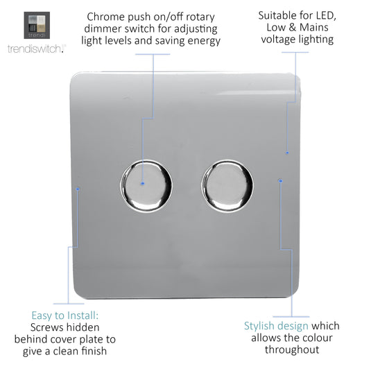 Trendi Switch ART-2LDMSI, Artistic Modern 2 Gang 2 Way LED Dimmer Switch 5-150W LED / 120W Tungsten Per Dimmer, Silver Finish, (35mm Back Box Required) 5yrs Wrnty - 42305