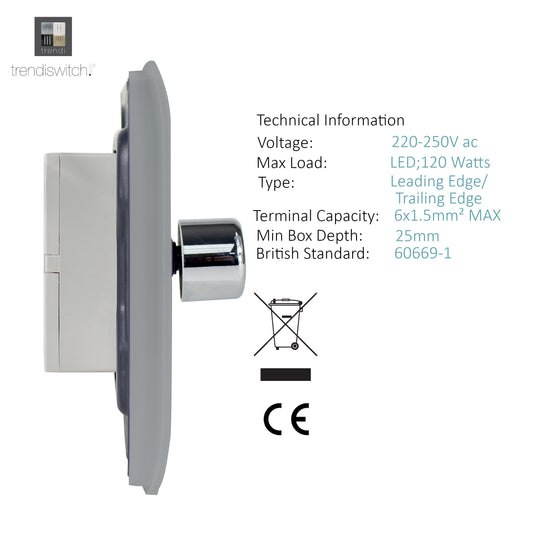 Trendi Switch ART-2LDMSI, Artistic Modern 2 Gang 2 Way LED Dimmer Switch 5-150W LED / 120W Tungsten Per Dimmer, Silver Finish, (35mm Back Box Required) 5yrs Wrnty - 42305