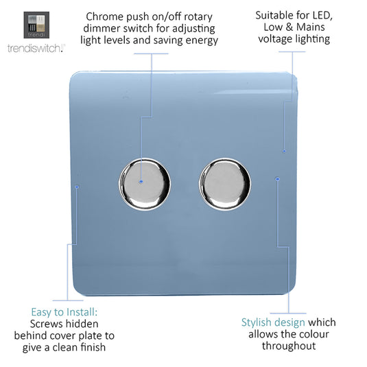 Trendi Switch ART-2LDMSK, Artistic Modern 2 Gang 2 Way LED Dimmer Switch 5-150W LED / 120W Tungsten Per Dimmer, Sky Finish, (35mm Back Box Required), 5yrs Warranty - 53607