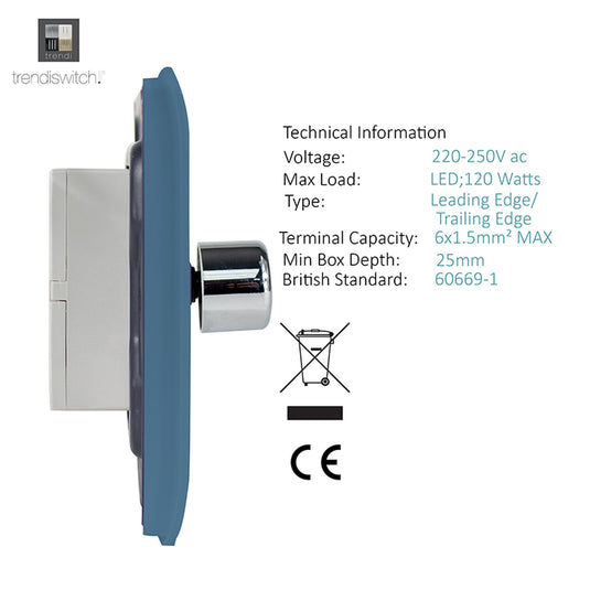 Trendi Switch ART-2LDMSK, Artistic Modern 2 Gang 2 Way LED Dimmer Switch 5-150W LED / 120W Tungsten Per Dimmer, Sky Finish, (35mm Back Box Required), 5yrs Warranty - 53607