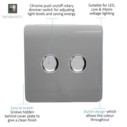 Trendi Switch ART-2LDMWG, Artistic Modern 2 Gang 2 Way LED Dimmer Switch 5-150W LED / 120W Tungsten Per Dimmer, Warm Grey Finish, (35mm Back Box Required) 5yrs Warranty - 53608