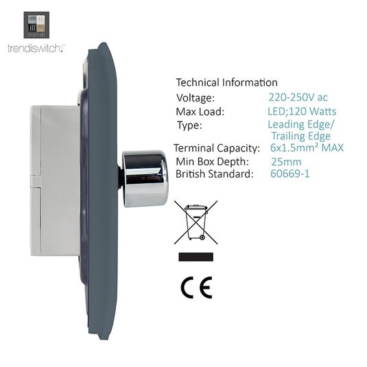 Trendi Switch ART-2LDMWG, Artistic Modern 2 Gang 2 Way LED Dimmer Switch 5-150W LED / 120W Tungsten Per Dimmer, Warm Grey Finish, (35mm Back Box Required) 5yrs Warranty - 53608